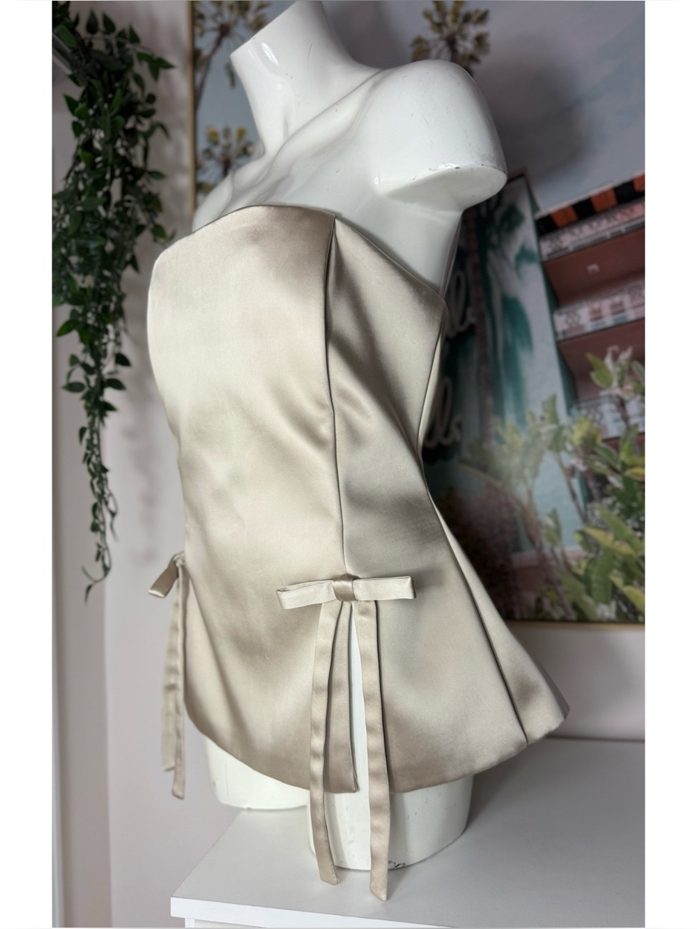 Zara Cream Satin Strapless Bustier Top Bow Tie Detail Size XXL 2XL Structured - Picture 9 of 11